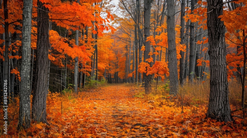 Fototapeta premium Maple trees in autumn create a natural backdrop with orange fall leaves