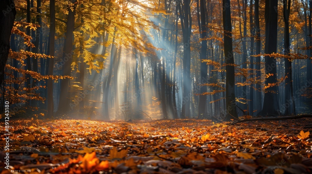 Obraz premium Sunlit autumn forest with golden leaves