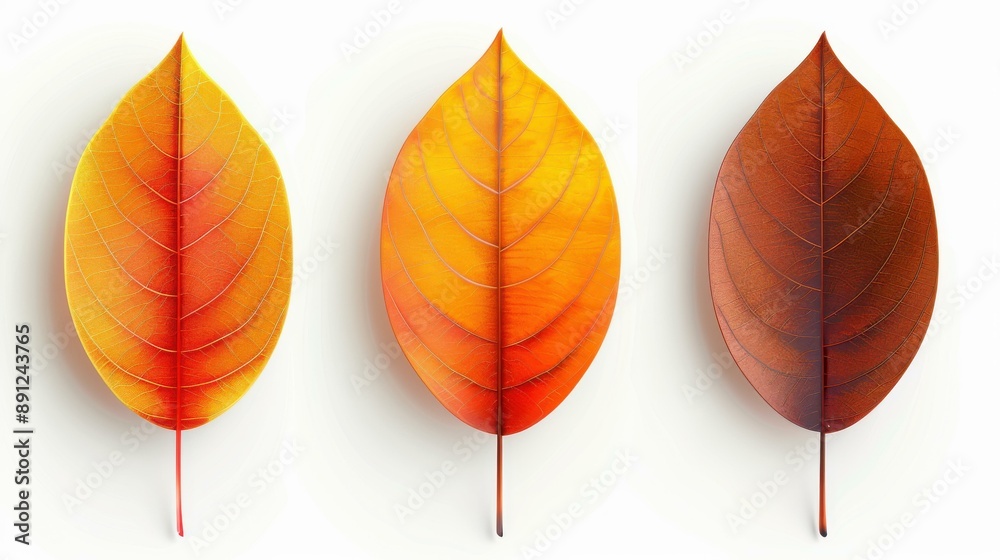 Obraz premium Vibrant 3D illustration of autumn leaves on a white background.