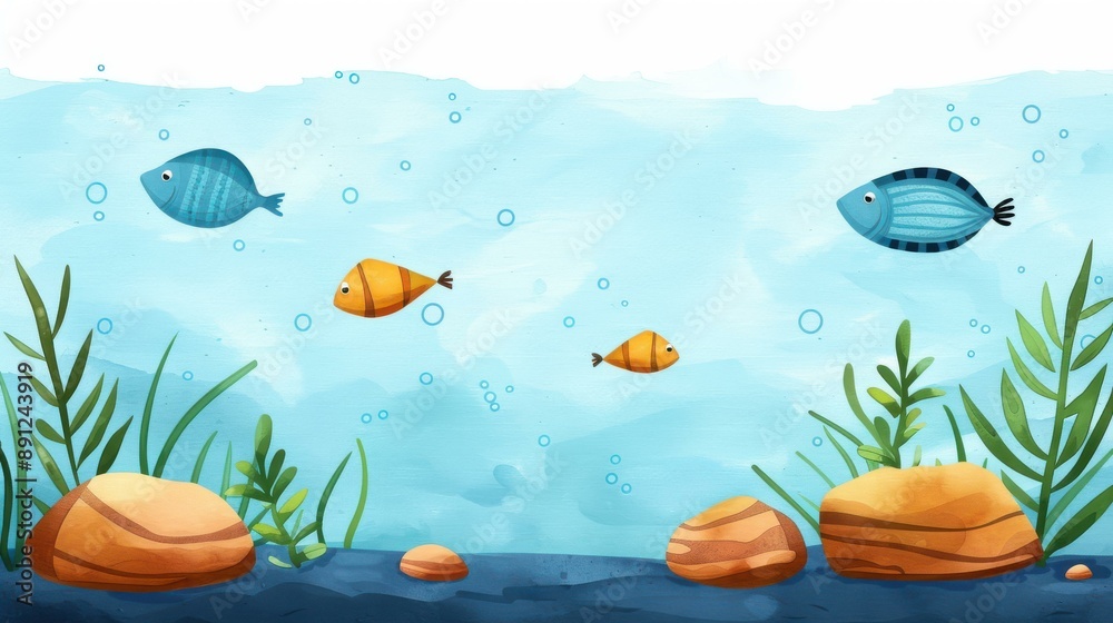 Naklejka premium Vibrant watercolor illustration of fish swimming in the serene underwater world of nature.