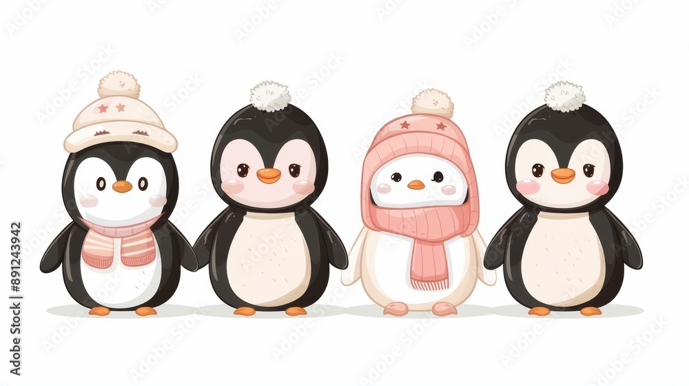 Fototapeta premium Playful watercolor illustration of birds and penguins in vibrant attire, adding a whimsical touch to any design.