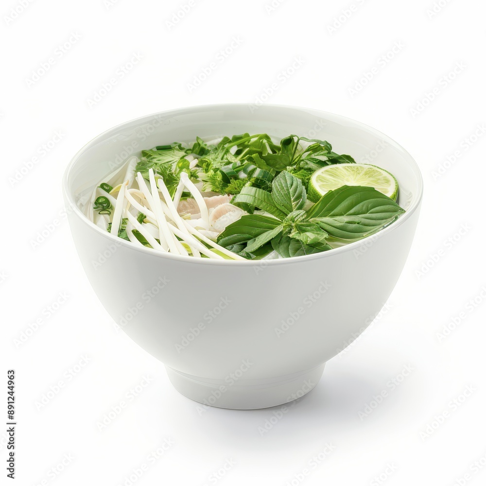 A chic bowl of pho with fresh herbs, Vietnamese cuisine, realistic, isolated on white background A chic bowl of pho with fresh herbs, Vietnamese cuisine, realistic, isolated on white background