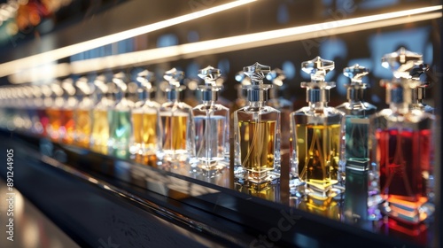 A row of colorful perfume bottles on a shelf