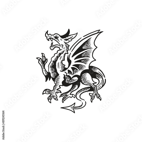 Vintage retro sketch art mythical dragon or Wales dragon vector art design