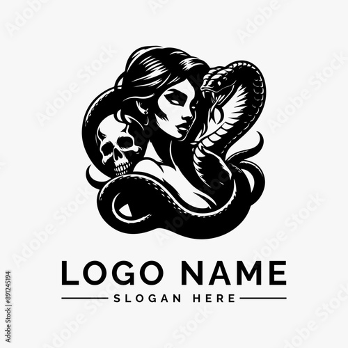 woman wrapped around by large snake logo vector