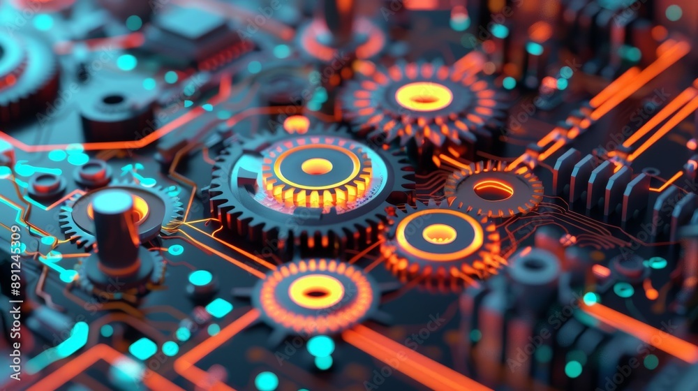 Abstract circuit board with glowing gears and electronic pathways, emphasizing the idea of quality improvement from software updates and installations, vibrant and futuristic Abstract circuit board with glowing gears and electronic pathways, emphasizing the idea of quality improvement from software updates and installations, vibrant and futuristic