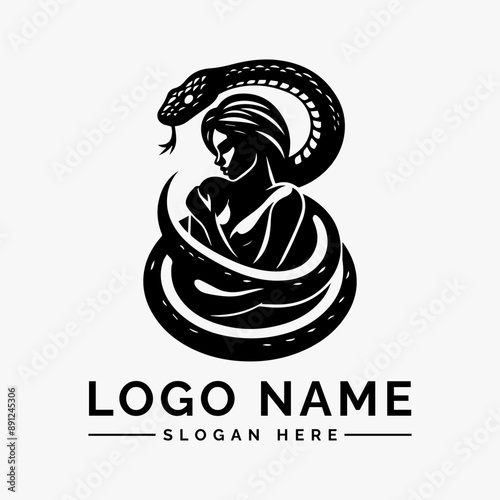 woman wrapped around by large snake logo vector