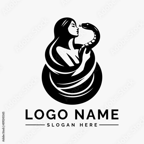 woman wrapped around by large snake logo vector