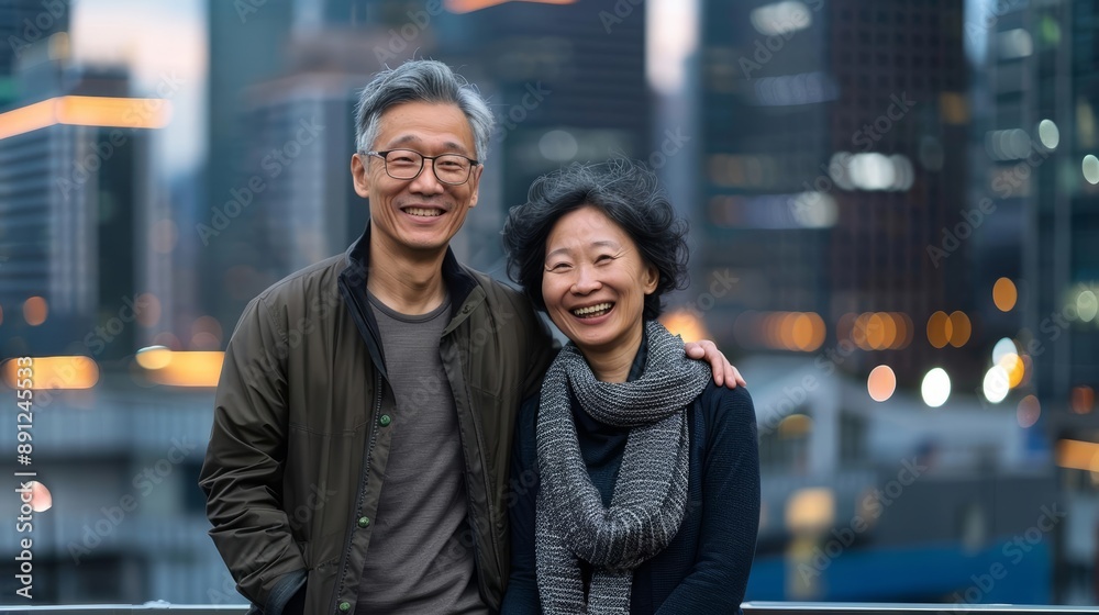 Confident middle-aged Asian couple, smiling and holding hands, urban city backdrop with skyscrapers and city lights, vibrant and modern Confident middle-aged Asian couple, smiling and holding hands, urban city backdrop with skyscrapers and city lights, vibrant and modern