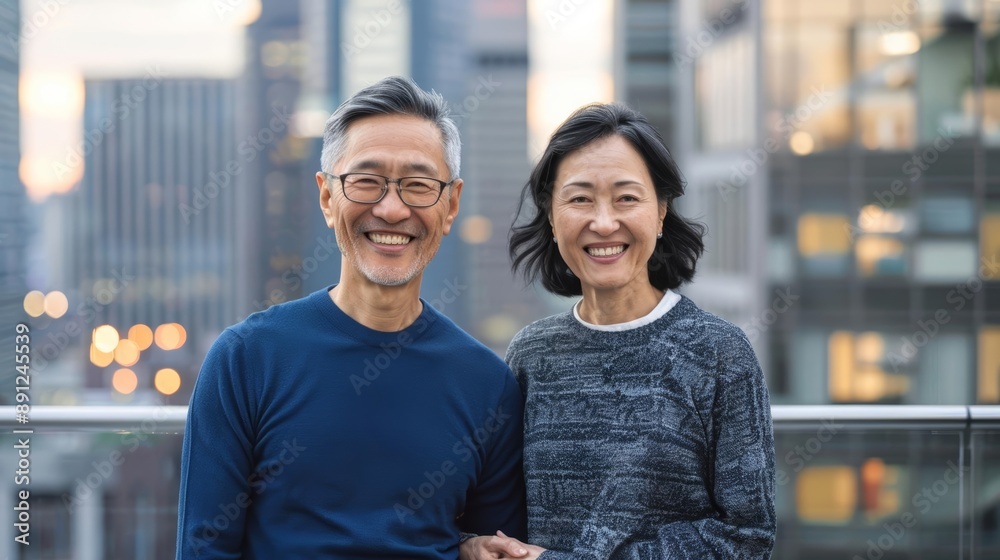 Confident middle-aged Asian couple, smiling and holding hands, urban city backdrop with skyscrapers and city lights, vibrant and modern Confident middle-aged Asian couple, smiling and holding hands, urban city backdrop with skyscrapers and city lights, vibrant and modern