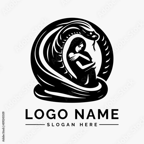 woman wrapped around by large snake logo vector