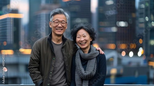 Confident middle-aged Asian couple, smiling and holding hands, urban city backdrop with skyscrapers and city lights, vibrant and modern