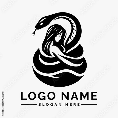 woman wrapped around by large snake logo vector