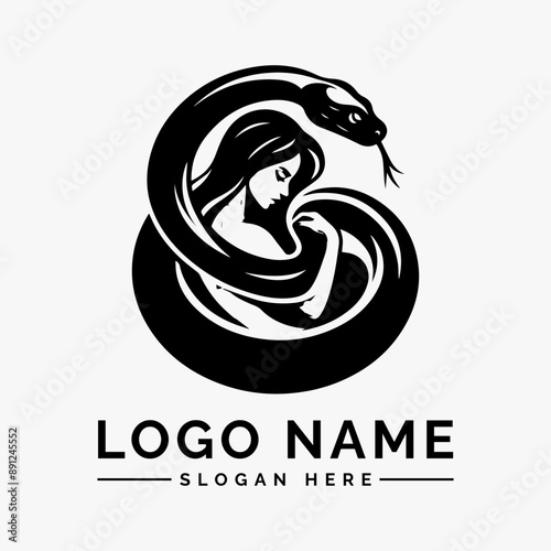 woman wrapped around by large snake logo vector