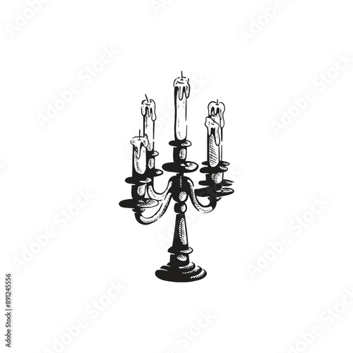 Vintage retro hand drawn burning candle candelabra vector illustration