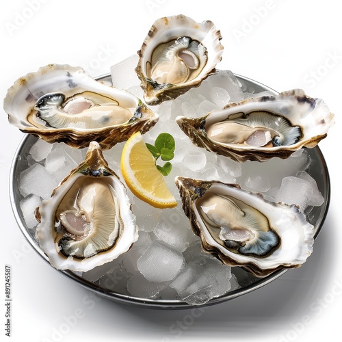 A gourmet platter of oysters on ice, seafood delicacy, realistic, isolated on white background