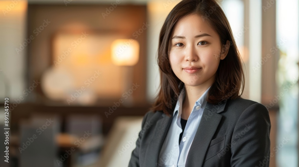 Elegant young Asian businesswoman in a formal blazer, confidently posing in an upscale office, warm and inviting background Elegant young Asian businesswoman in a formal blazer, confidently posing in an upscale office, warm and inviting background