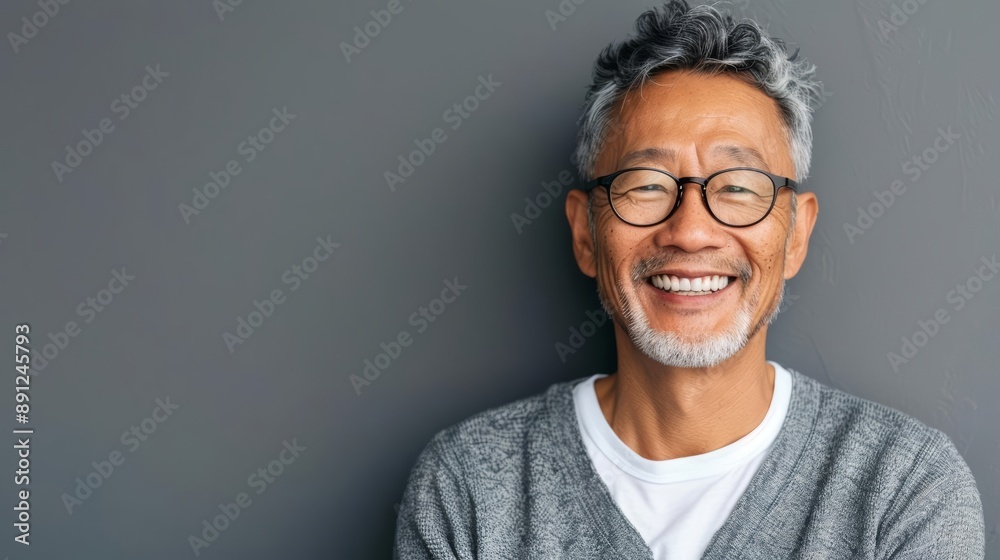 Fototapeta premium Friendly and confident senior Asian man, smiling at the camera, glasses and casual outfit, plain gray backdrop, detailed and approachable portrait