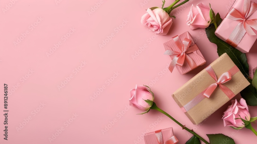Stylish Valentine's Day banner with a pink rose bouquet and gift boxes, soft pink background, clear copy space Stylish Valentine's Day banner with a pink rose bouquet and gift boxes, soft pink background, clear copy space