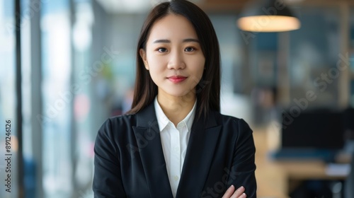 Professional portrait of a young Asian businesswoman, dressed in formal business wear, radiating confidence and success, office backdrop