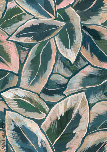Ficus leaves painted carelessly with strokes seamless pattern. Artistic botanical elements drawn by hand of acrylic paints on wrapping paper texture in natural earth tones. 