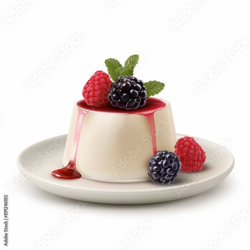 A delicate panna cotta dessert with fruit garnish, Italian cuisine, realistic, isolated on white background photo