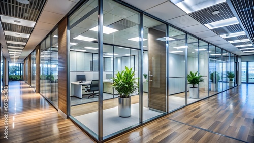 Modern office interior with glass partitions showing empty desks