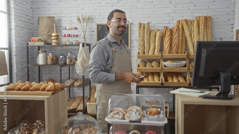 Young hispanic man with moustache inside a bakery shop using smartphone surrounded by various breads and pastries