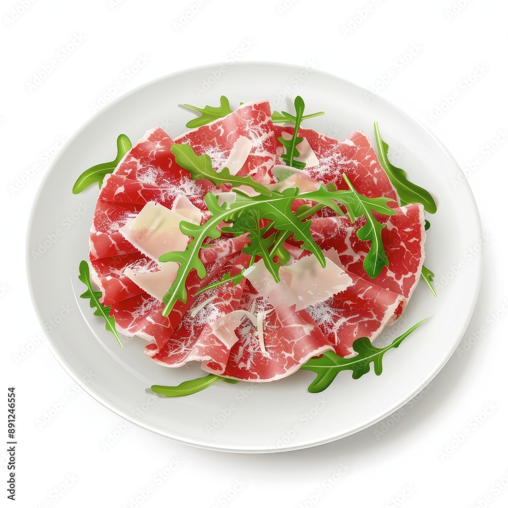 A refined carpaccio dish with arugula and parmesan, Italian appetizer, realistic, isolated on white background A refined carpaccio dish with arugula and parmesan, Italian appetizer, realistic, isolated on white background