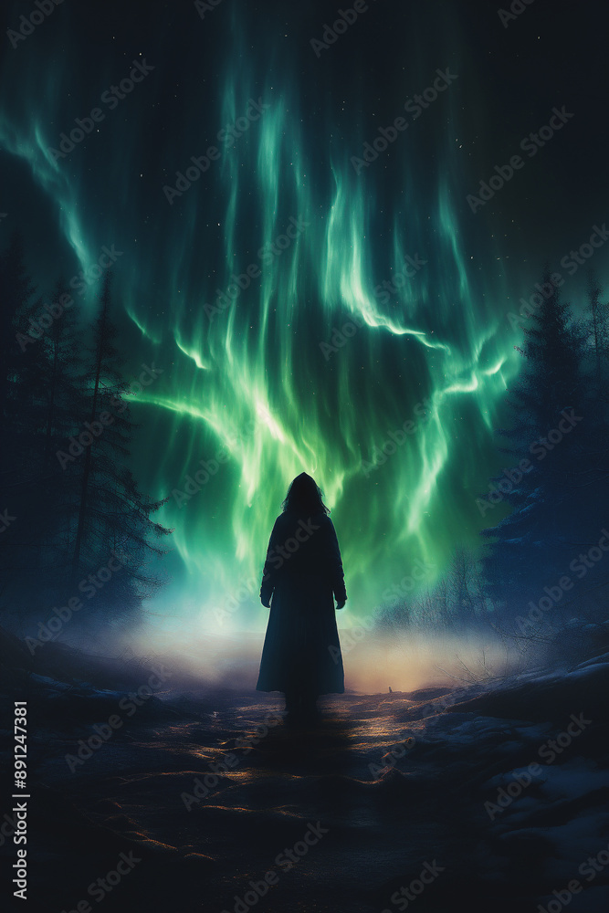Woman in a mystical forest at night with aurora borealis. Woman in a mystical forest at night with aurora borealis.