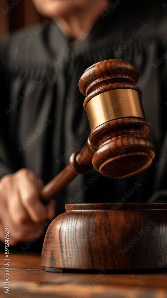 Court of Law and Justice Trial Session: Imparcial Honorable Judge Pronouncing Sentence, striking Gavel. Focus on Mallet, Hammer. Cinematic Shot of Dramatic Not Guilty Verdict. Close-up Shot.