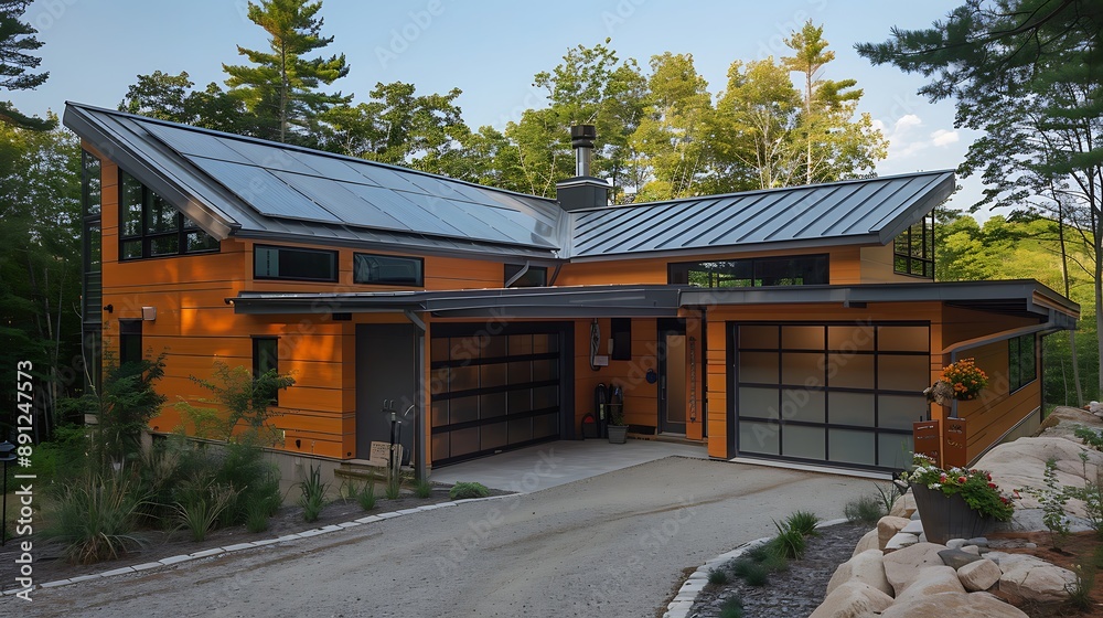 Sustainable architecture garage with passive solar design, energy-efficient features, and eco-friendly building materials Sustainable architecture garage with passive solar design, energy-efficient features, and eco-friendly building materials