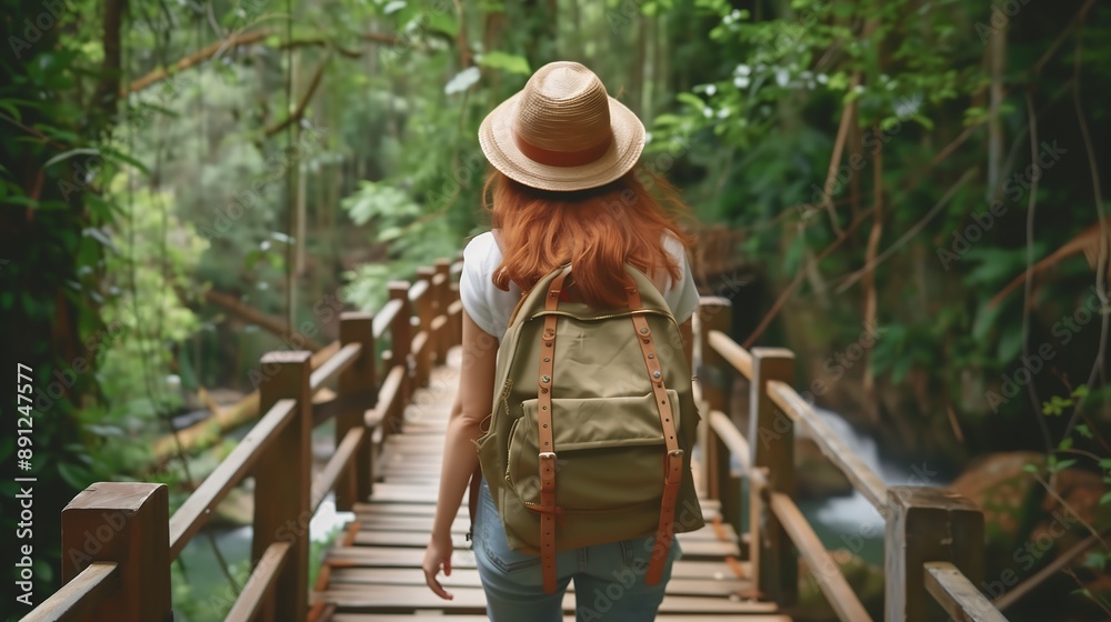 A woman wearing a hat and backpack walks on a wooden bridge in a lush green forest. A woman wearing a hat and backpack walks on a wooden bridge in a lush green forest.