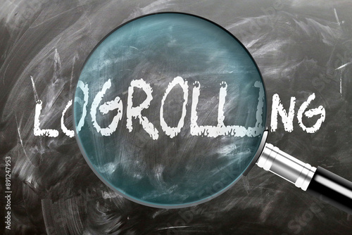 Logrolling - learn, study and inspect it. Taking a closer look at logrolling. A magnifying glass enlarging word 'logrolling' written on a blackboard ,3d illustration photo