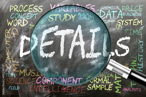Details being studied, examined - under close inspection. Most important subjects and ideas closely related to details written on a blackboard inspected by a magnifying glass. ,3d illustration