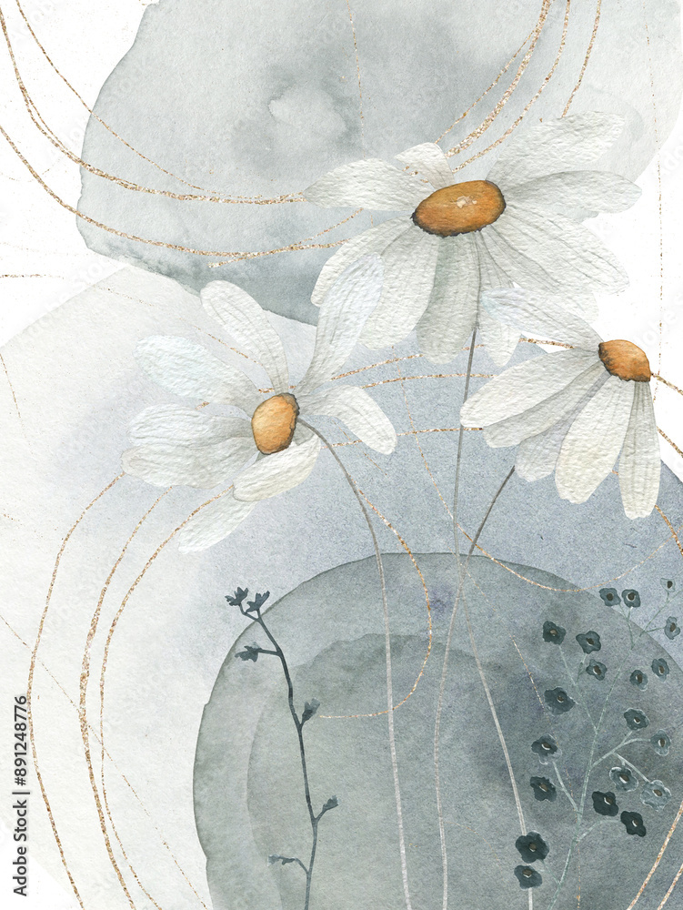 Fototapeta Abstract poster with watercolor, gold elements, shapes and flowers on white background. Abstraction nordic paint print. Scandinavian style. Contemporary modern trendy illustration