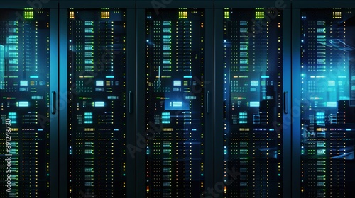 Abstract data center background, database in terminal storage, hardware server room, cloud computing, networking and hosting in rack system