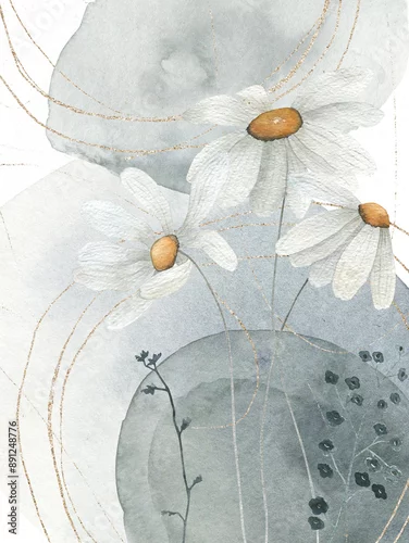 Obraz Abstract poster with watercolor, gold elements, shapes and flowers on white background. Abstraction nordic paint print. Scandinavian style. Contemporary modern trendy illustration