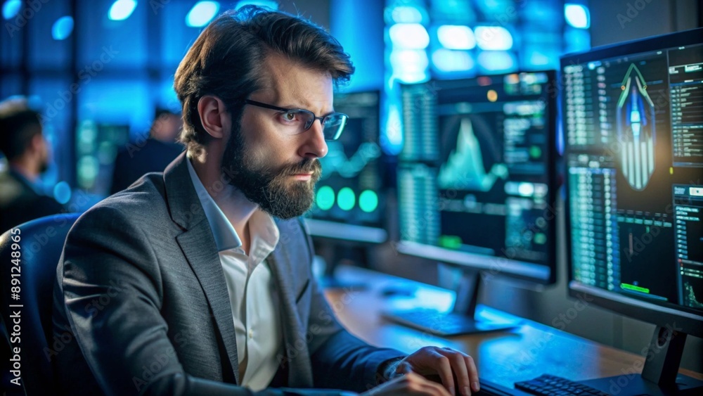 A cybersecurity expert in a dark room, analyzing code on multiple computer screens, with a serious expression and dim ambient lighting. A cybersecurity expert in a dark room, analyzing code on multiple computer screens, with a serious expression and dim ambient lighting.