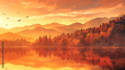 Beautiful mountain landscape with lake and forest in autumn, sunrise with a red sky, generated AI © Mazayshop