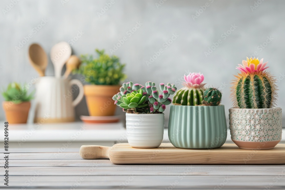 Fototapeta premium A collection of potted succulents and cacti arranged on a wooden tray, creating a vibrant and stylish indoor garden scene.