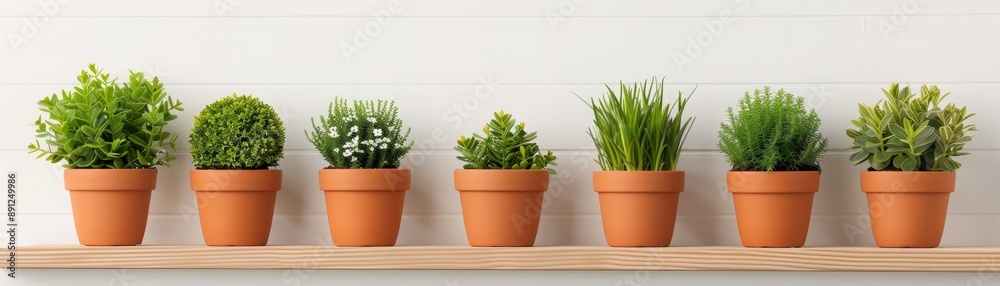 A row of seven potted green plants in terracotta pots on a wooden shelf against a plain white background, showcasing minimalistic indoor garden decor. A row of seven potted green plants in terracotta pots on a wooden shelf against a plain white background, showcasing minimalistic indoor garden decor.