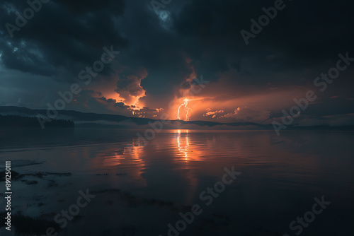 Dramatic photo of lightning during a thunderstorm, capturing the powerful and awe-inspiring natural phenomenon with bright flashes illuminating the dark sky. © River Girl