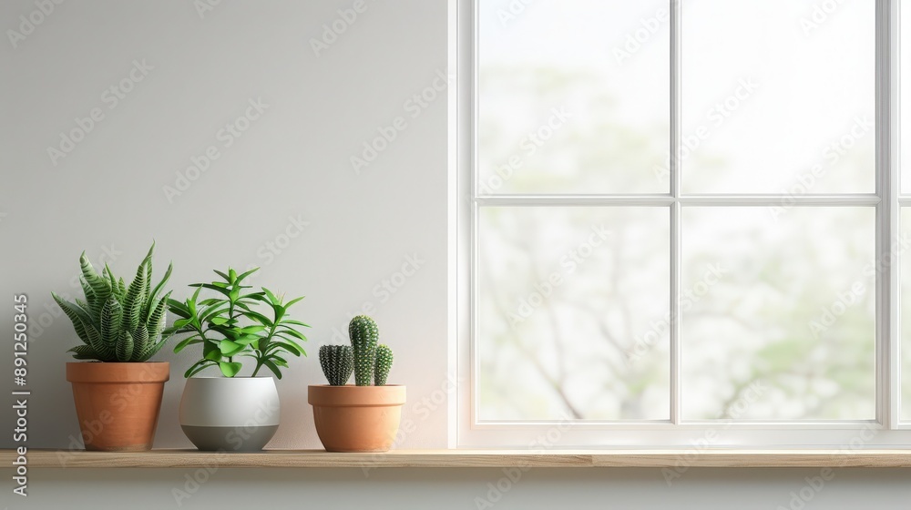 Fototapeta premium Minimalist interior design with potted green plants on a wooden shelf by a large window, creating a serene and natural atmosphere.