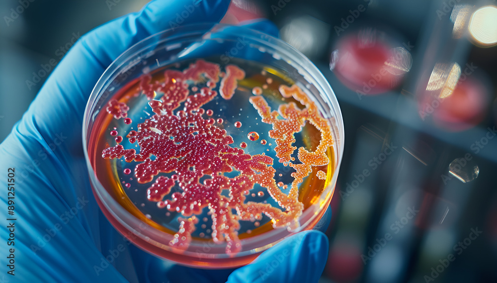 Fototapeta premium Scientists are studying the microbiota on a Petri dish