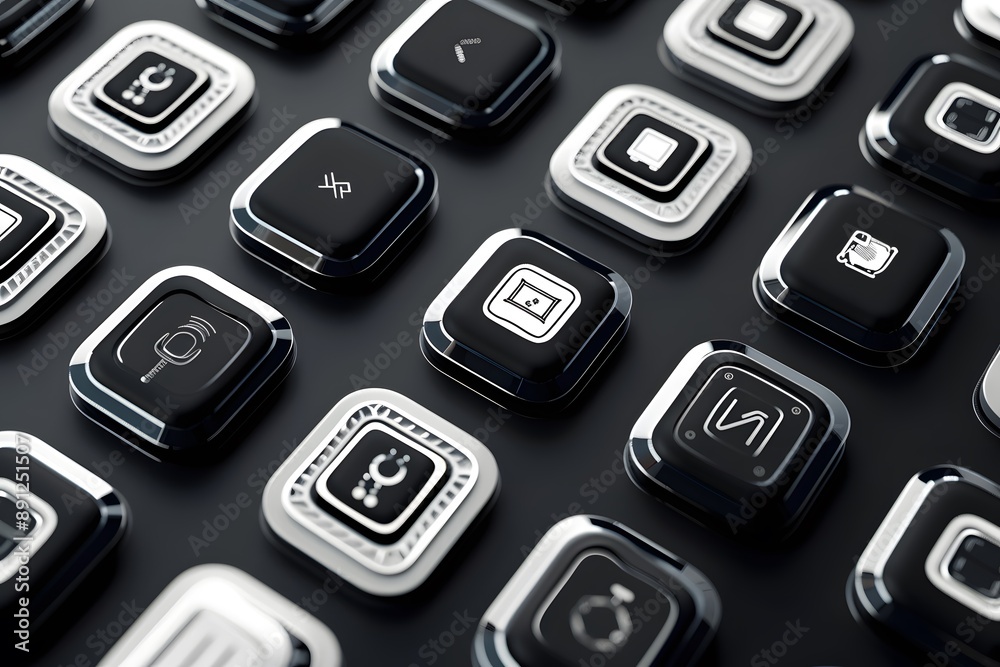Close-up of sleek futuristic app icons on reflective black surface representing modern technology Close-up of sleek futuristic app icons on reflective black surface representing modern technology