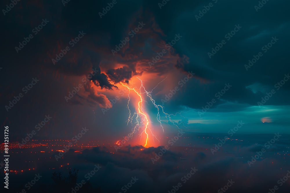 Dramatic photo of lightning during a thunderstorm, capturing the powerful and awe-inspiring natural phenomenon with bright flashes illuminating the dark sky. Dramatic photo of lightning during a thunderstorm, capturing the powerful and awe-inspiring natural phenomenon with bright flashes illuminating the dark sky.