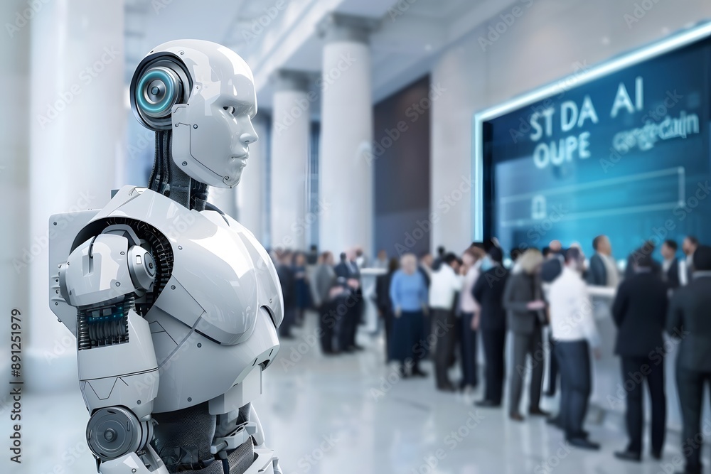 A humanoid robot stands in a modern conference hall, observing a busy crowd of attendees. A humanoid robot stands in a modern conference hall, observing a busy crowd of attendees.