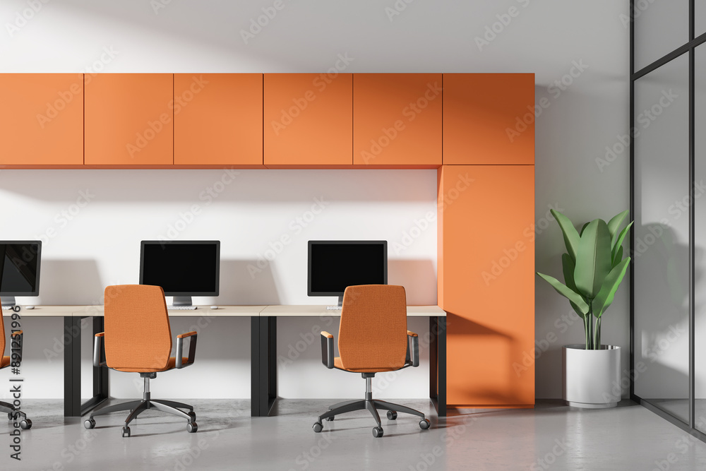 Fototapeta premium Colored office workspace interior with pc computers on desks with chairs