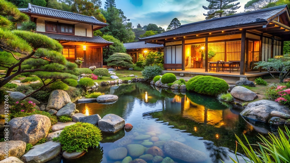 Beautiful japanese garden with a pond and traditional houses at dusk Beautiful japanese garden with a pond and traditional houses at dusk